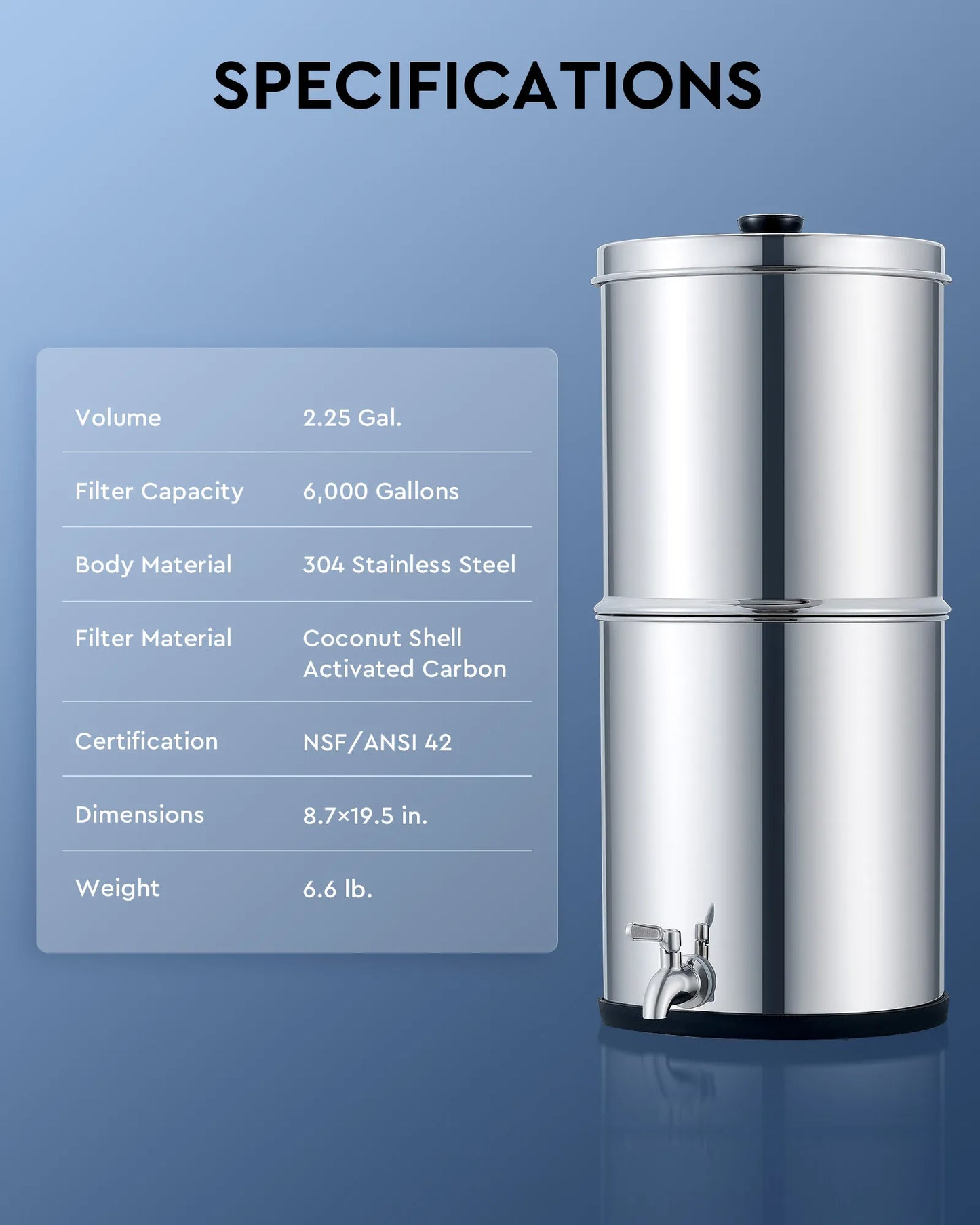Gravity Fed Water Filter 2.25 Gallon Stainless Steel Water Purification System