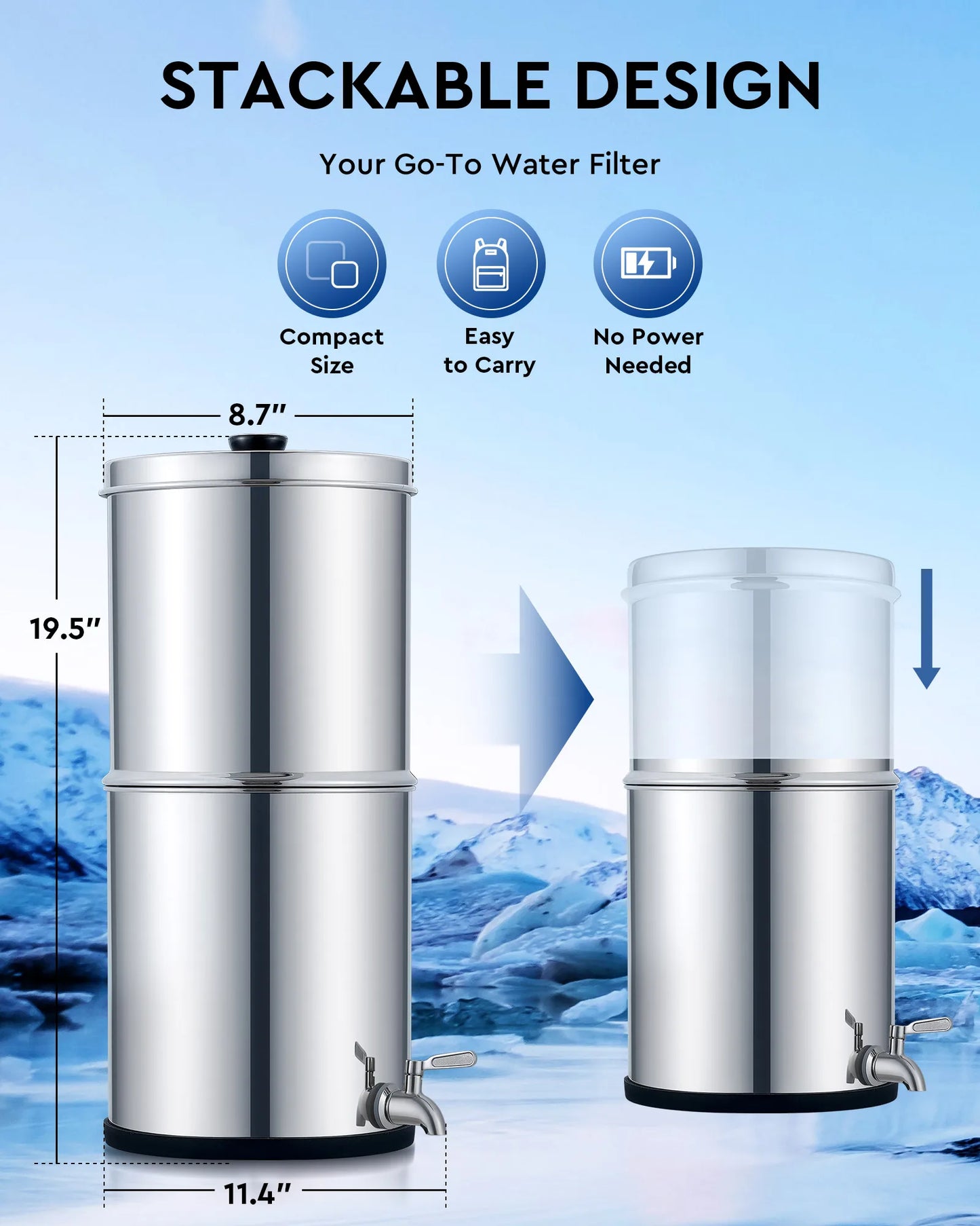 Gravity Fed Water Filter 2.25 Gallon Stainless Steel Water Purification System