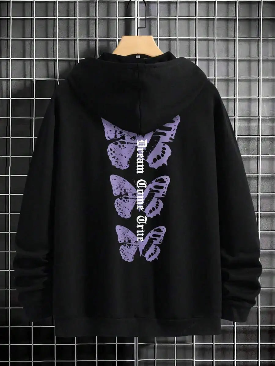New High Quality Men's Streetwear Butterfly Graphic Print Cotton Soft Outdoor Sports Hoodie