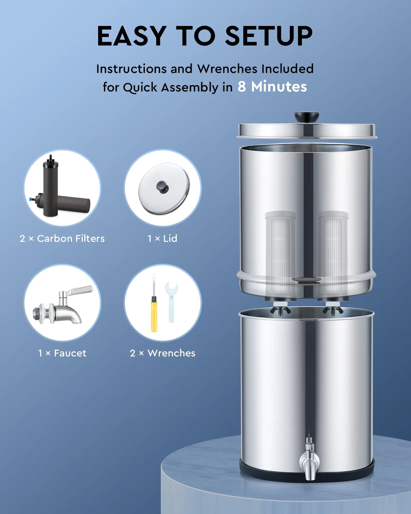 Gravity Fed Water Filter 2.25 Gallon Stainless Steel Water Purification System