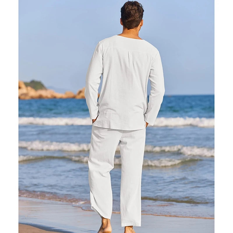 Men's Summer Cotton Linen Solid Color Long Sleeve Henley Shirt and Elastic Waist Drawstring Pants Two Piece Loungewear Set