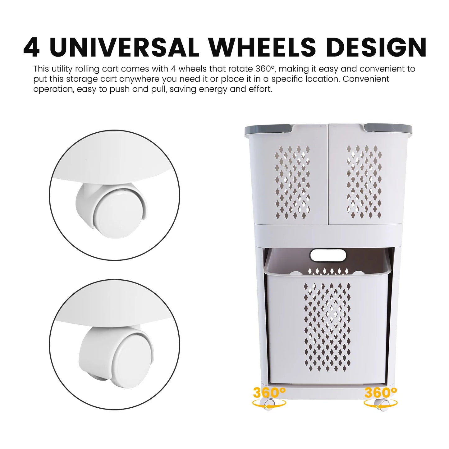 Removable Household Laundry Basket with Wheels 2 Tier Rolling Hamper Eco-Friendly Classic Style
