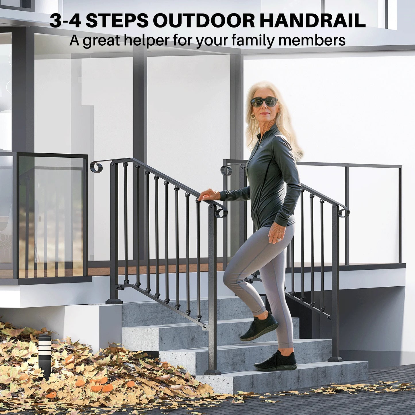 Redlife Handrails for Outdoor Steps Fit 2 to 4 Steps Wrought Iron Stair Railing for Concrete and Wooden Stairs