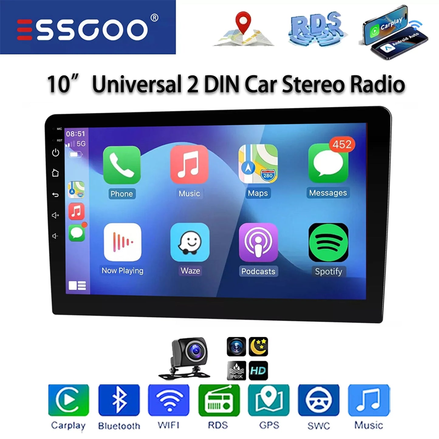 Essgoo 10 Inch Android 13 Wireless Carplay Car Stereo Multimedia Player 2 DIN GPS Navigation Bluetooth WiFi Universal For VW Nissan