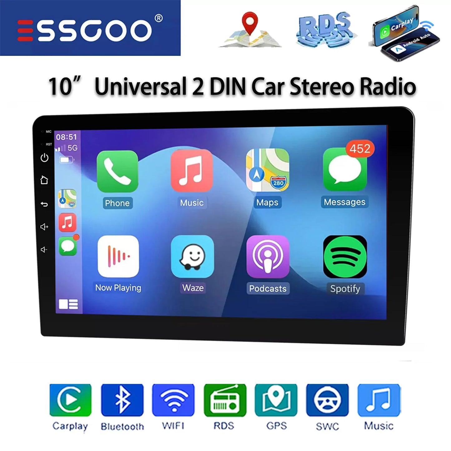 Essgoo 10 Inch Android 13 Wireless Carplay Car Stereo Multimedia Player 2 DIN GPS Navigation Bluetooth WiFi Universal For VW Nissan