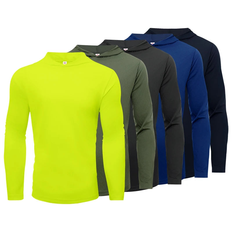 Men's Five Piece Sports Long Sleeved Hooded T-Shirt Breathable Solid Color Fitness Shirt for Running and Training