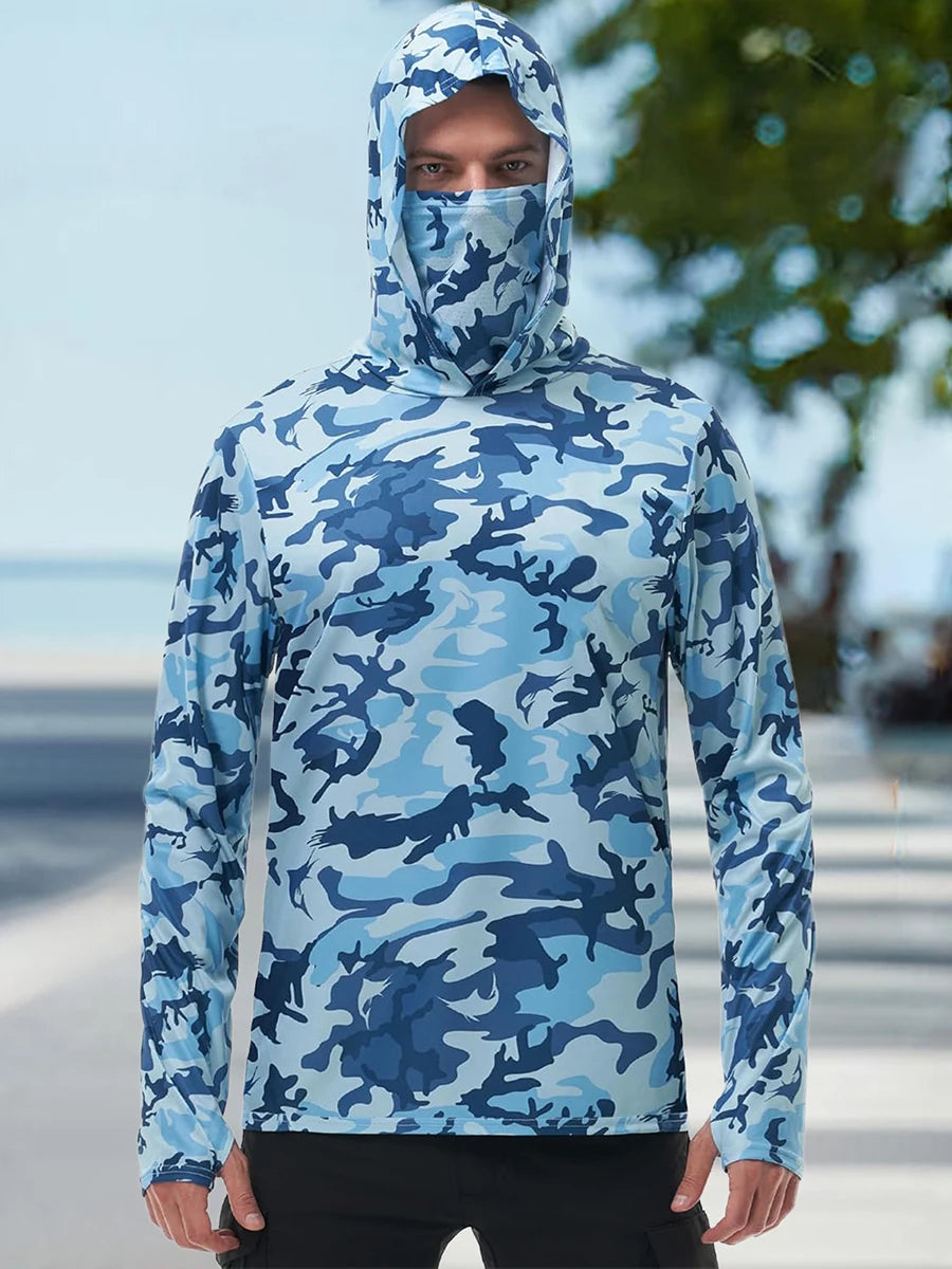 Men's Camo Print Fishing Hoodie with Built-in Face Mask for Sun Protection and Outdoor Activities