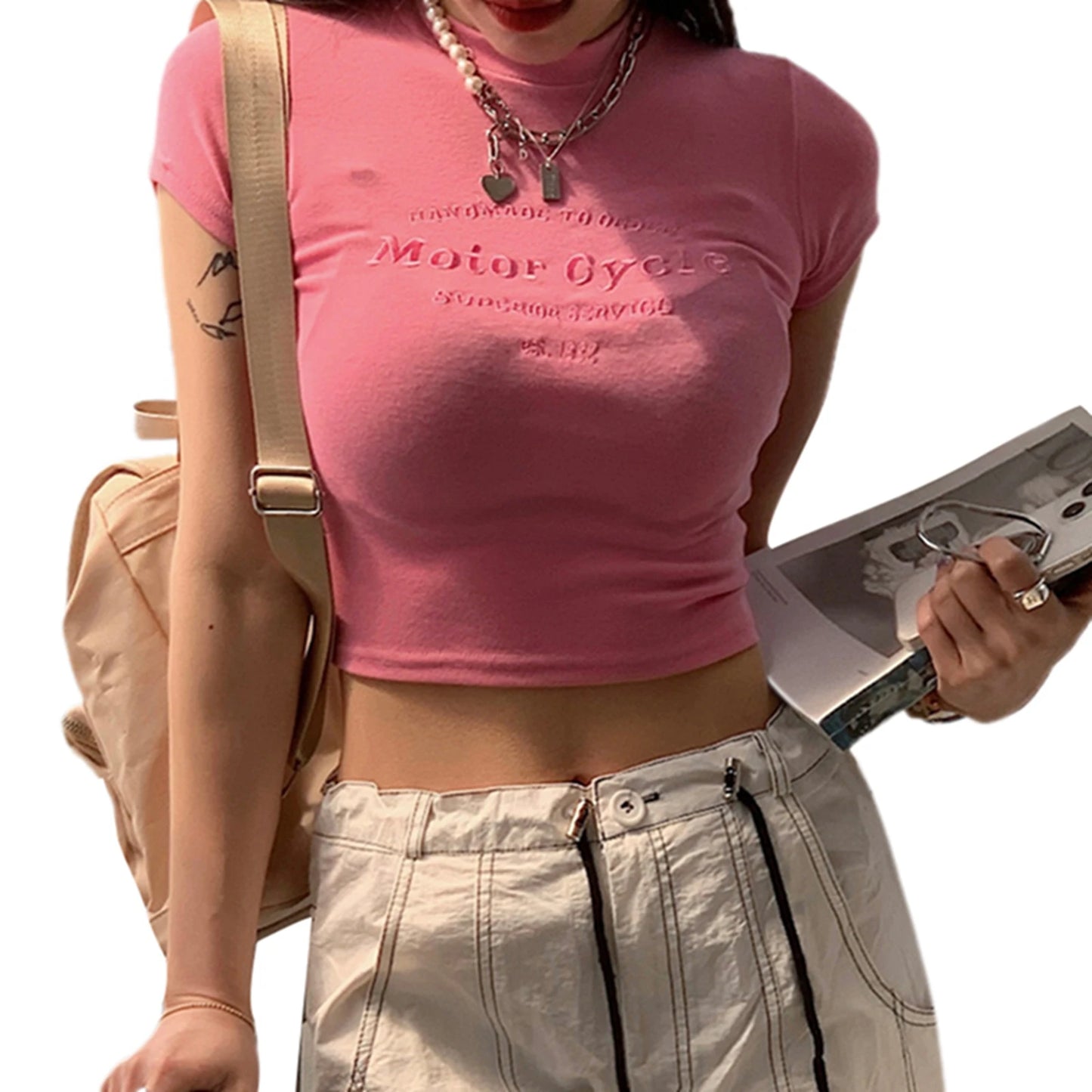 Women’s Round Neck Cropped Tops Short Sleeve Letter Embroidery Baby Tees Clubwear