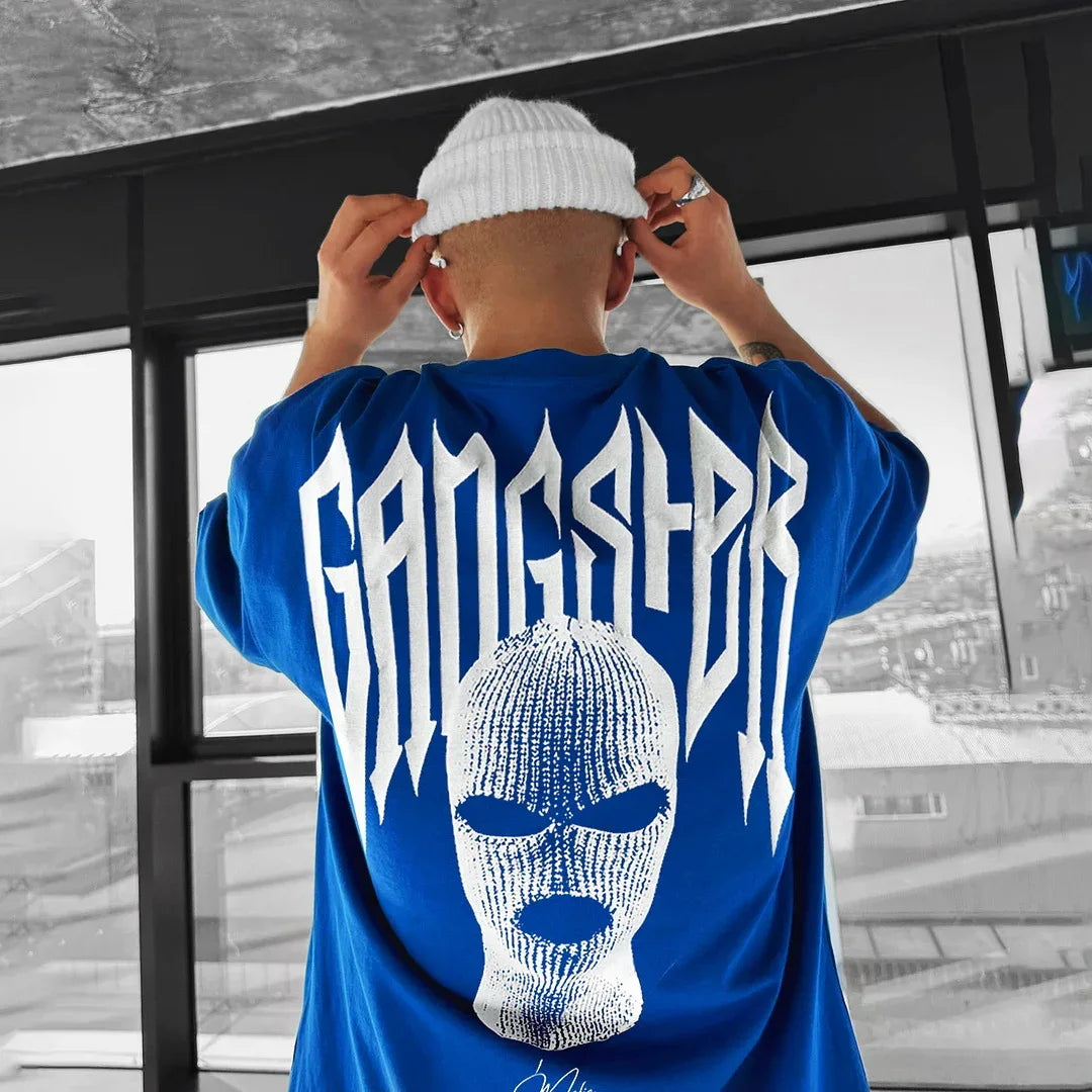 High Quality American High Street Masked Person Printed T-Shirt for Men Oversized Loose Harajuku Short Sleeve Tops