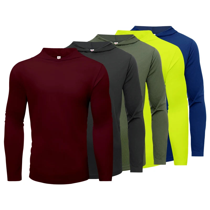 Men's Five Piece Sports Long Sleeved Hooded T-Shirt Breathable Solid Color Fitness Shirt for Running and Training