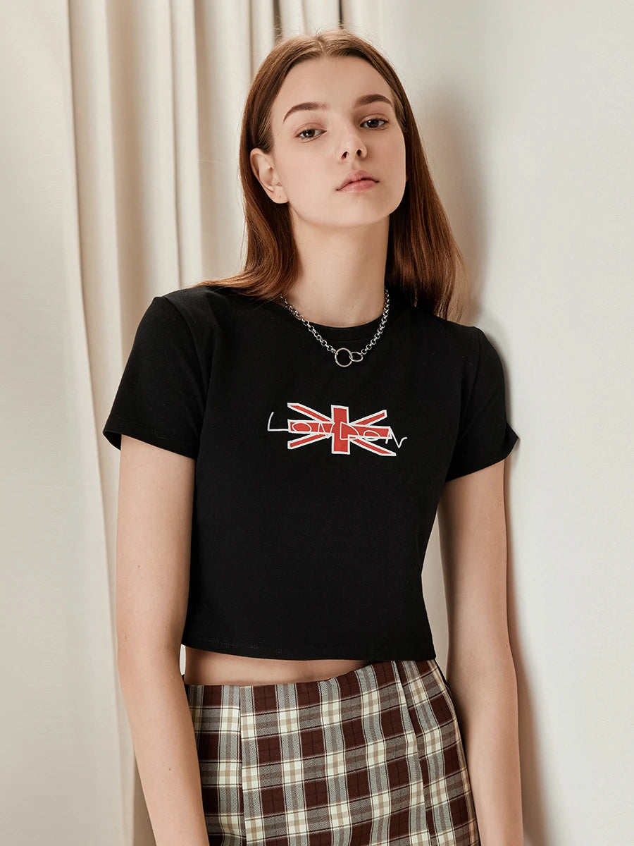 Women’s Crop Tops Round Neck Short Sleeve Letter Print Graphic T-Shirt for Summer