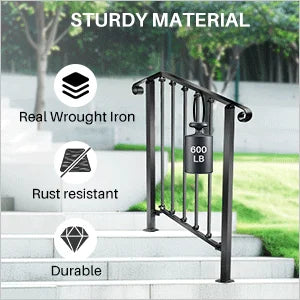 Redlife Handrails for Outdoor Steps Fit 2 to 4 Steps Wrought Iron Stair Railing for Concrete and Wooden Stairs
