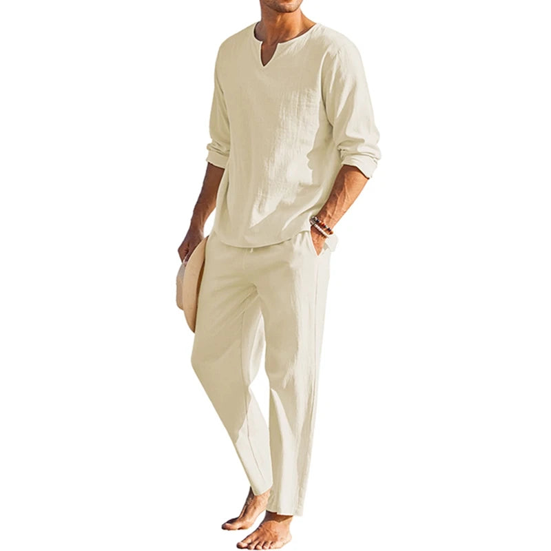 Men's Summer Cotton Linen Solid Color Long Sleeve Henley Shirt and Elastic Waist Drawstring Pants Two Piece Loungewear Set