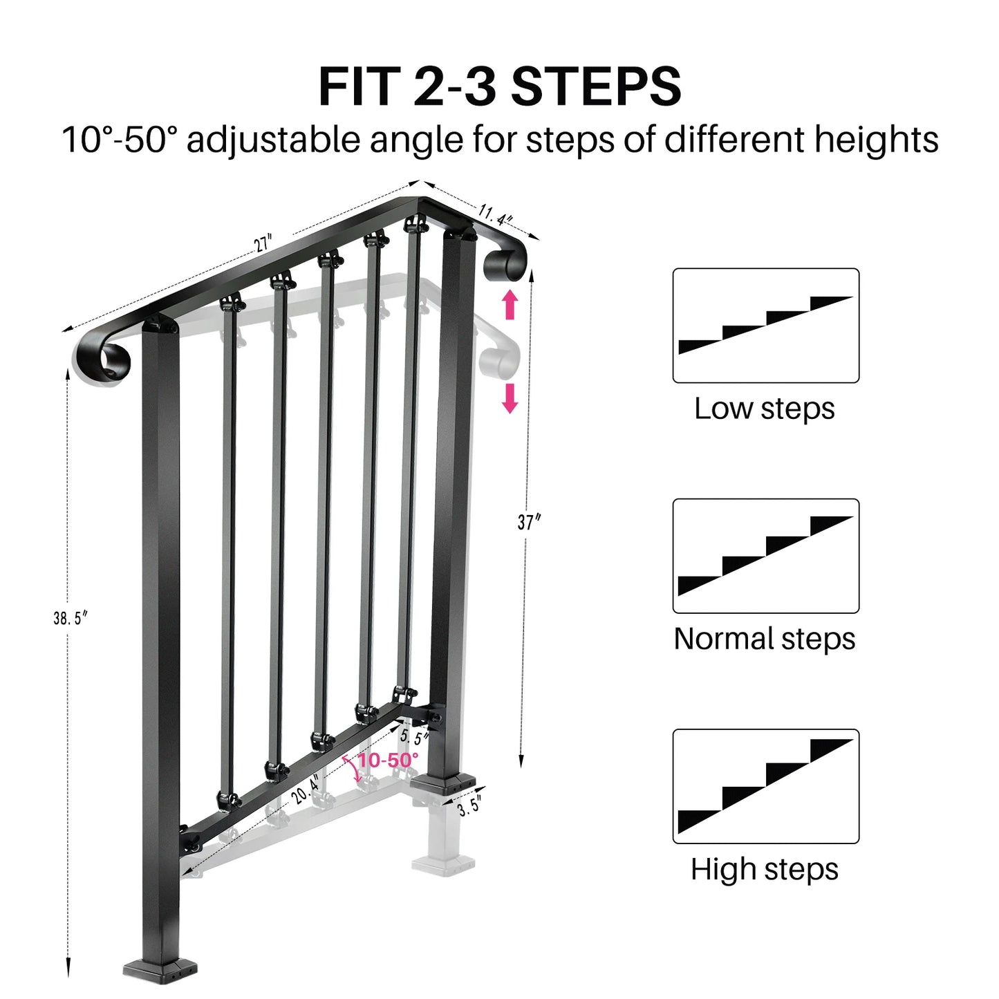Redlife Handrails for Outdoor Steps Fit 2 to 4 Steps Wrought Iron Stair Railing for Concrete and Wooden Stairs
