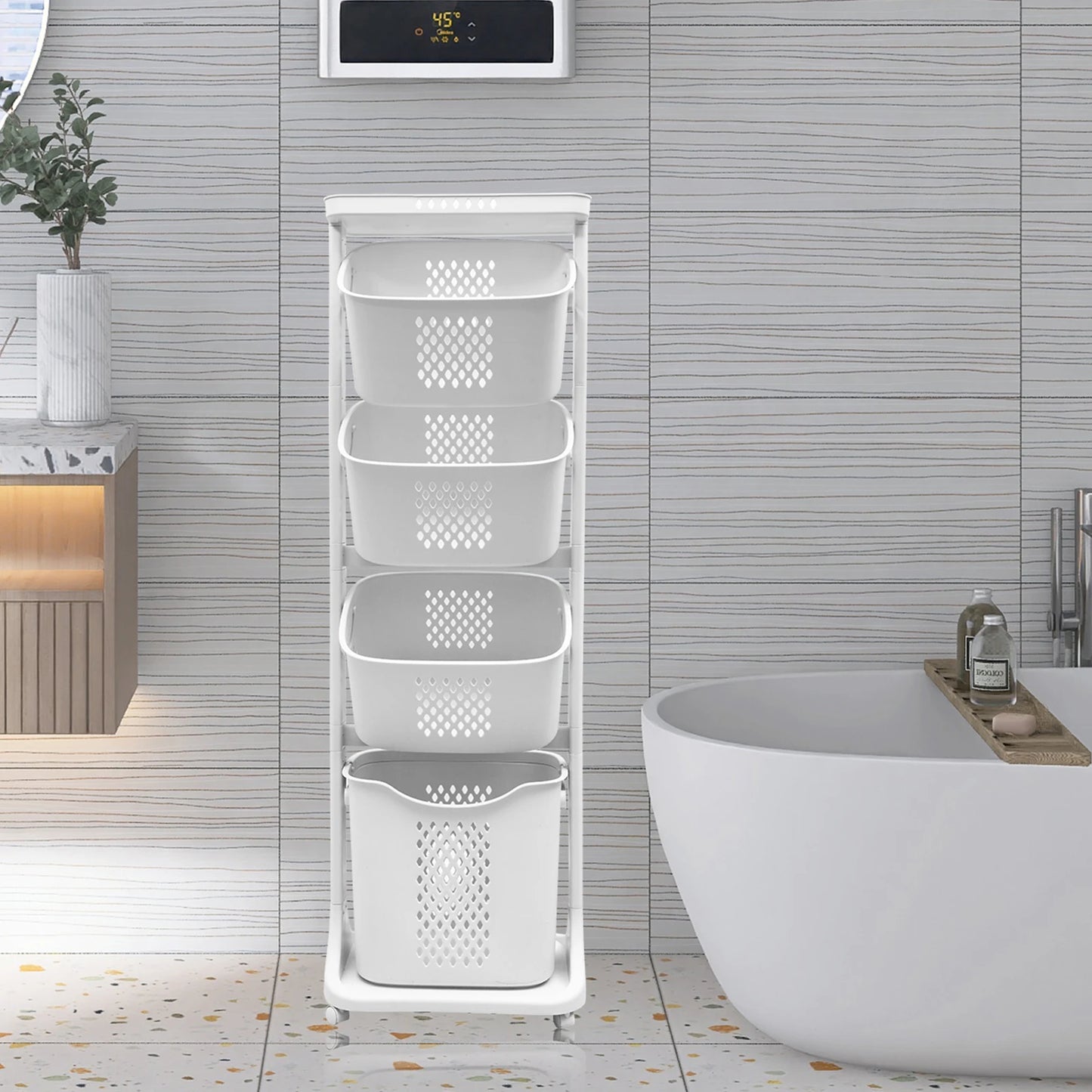 2 Tier 4 Tier Laundry Basket Cart Removable Storage Buckets Plastic Hamper with 4 Wheels White