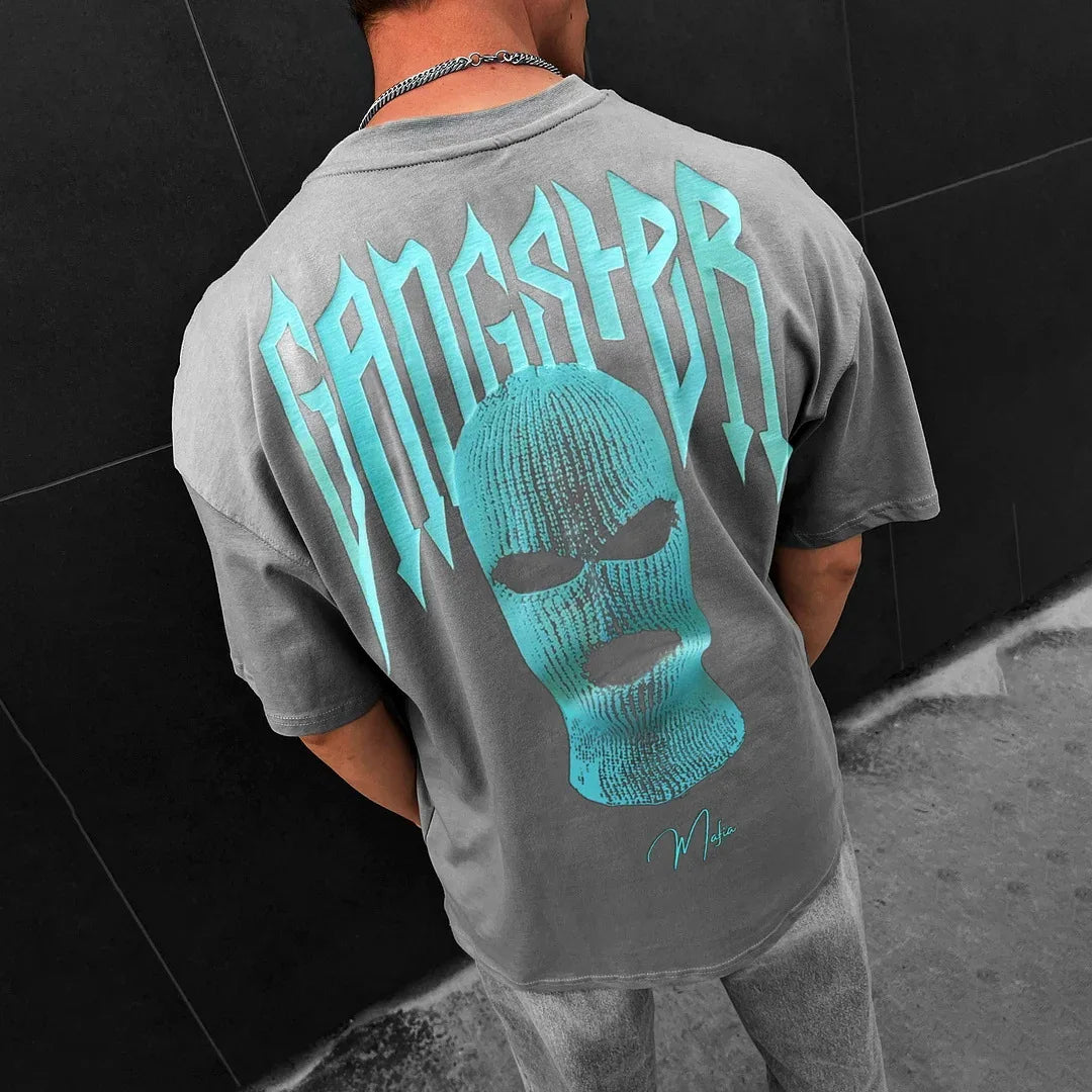 High Quality American High Street Masked Person Printed T-Shirt for Men Oversized Loose Harajuku Short Sleeve Tops
