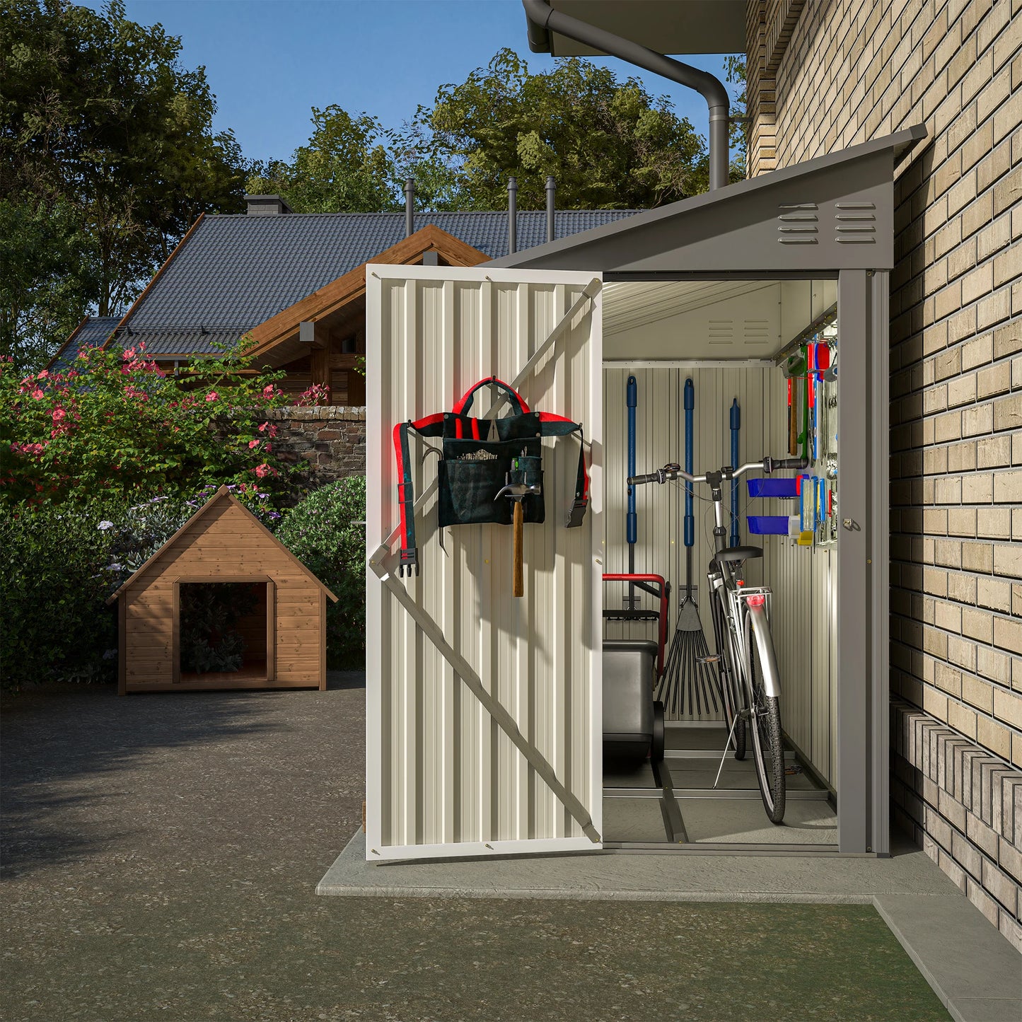LZBEITEM 4 Foot x 8 Foot Metal Wall Side Storage Shed Outdoor Garden Storage Cabinet Grey