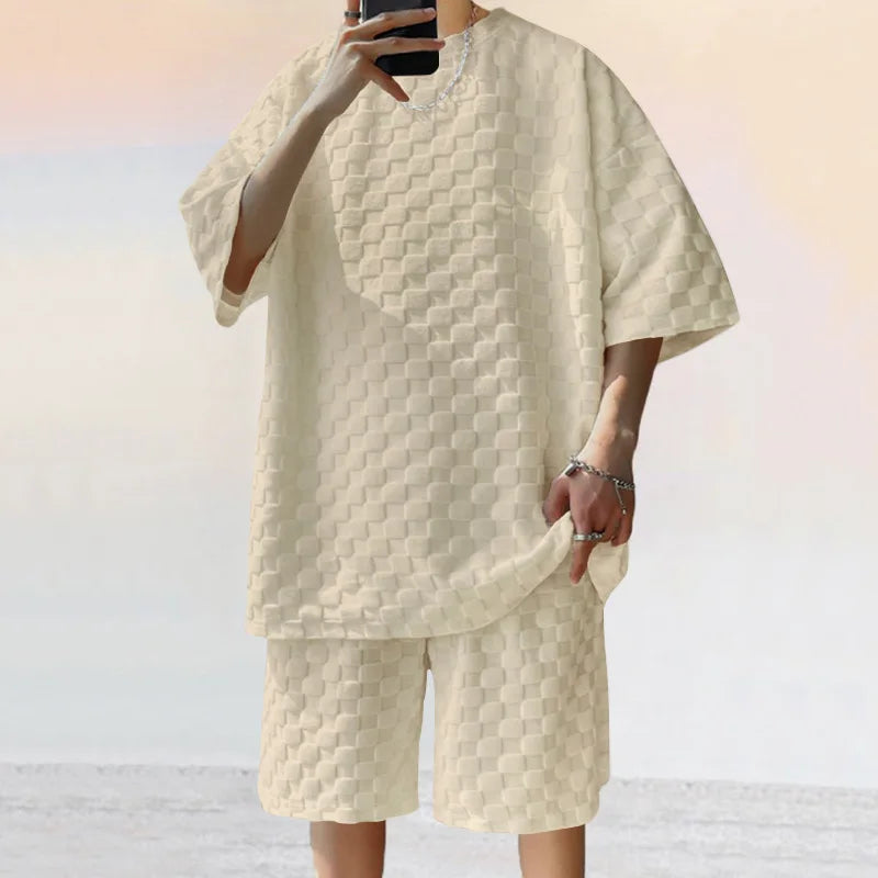 Men's Summer Jacquard Plaid Short Sleeve T-Shirt and Loose Straight Leg Casual Shorts Set