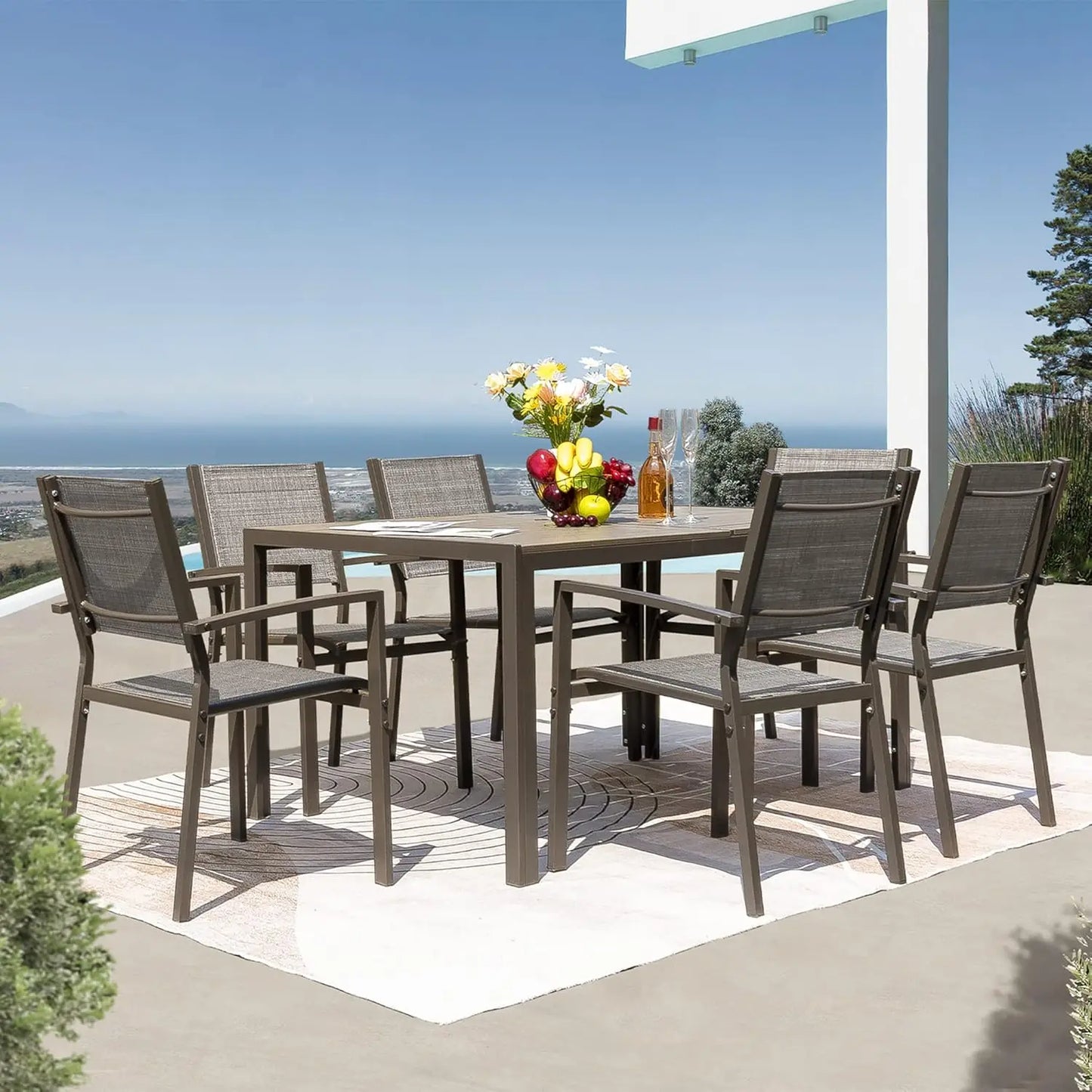 7 Piece Patio Dining Set Outdoor Furniture with Weather Resistant Table and 6 Stackable Textilene Chairs for Garden