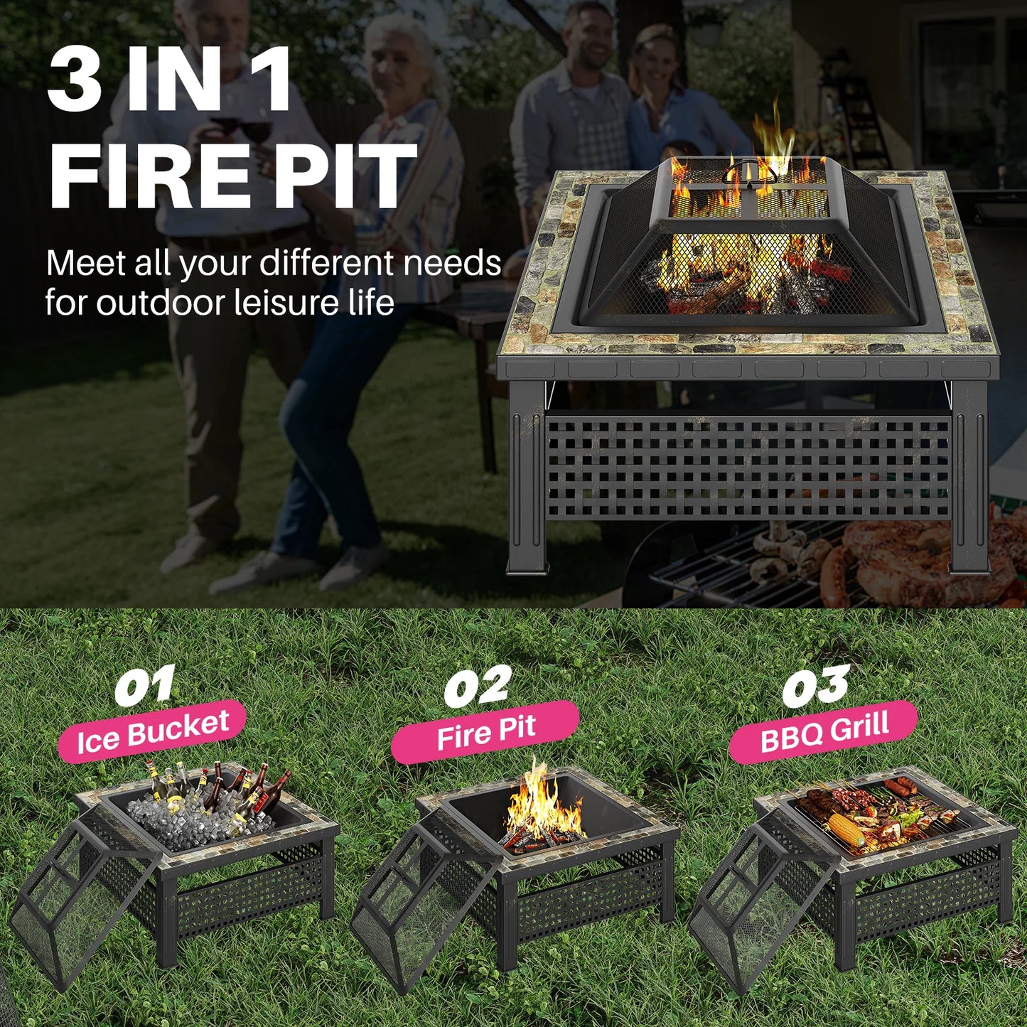 30 Inch Square Fire Pit Outdoor Fireplace Table with Mesh Lid and Fire Poker 3 in 1 Multipurpose Firepit for Yard Garden and Patio