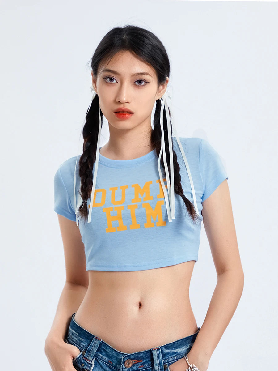 Women Short Sleeve Crew Neck Letters Print Crop Top Summer Party Street Wear