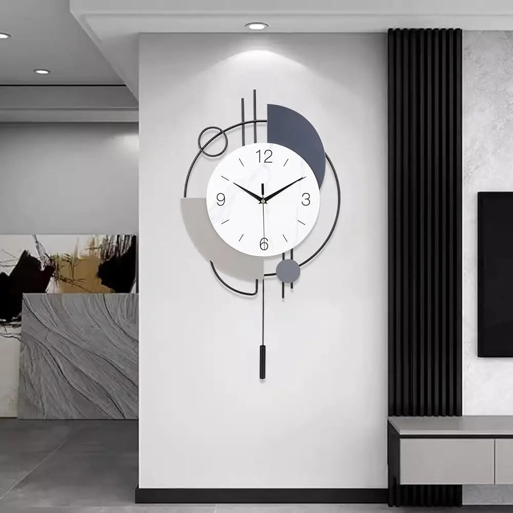 Silent Quartz Wall Clock with Pendulum Decorative Metal Clock Stylish Art Deco Design Battery Operated for Living Room and Bedroom