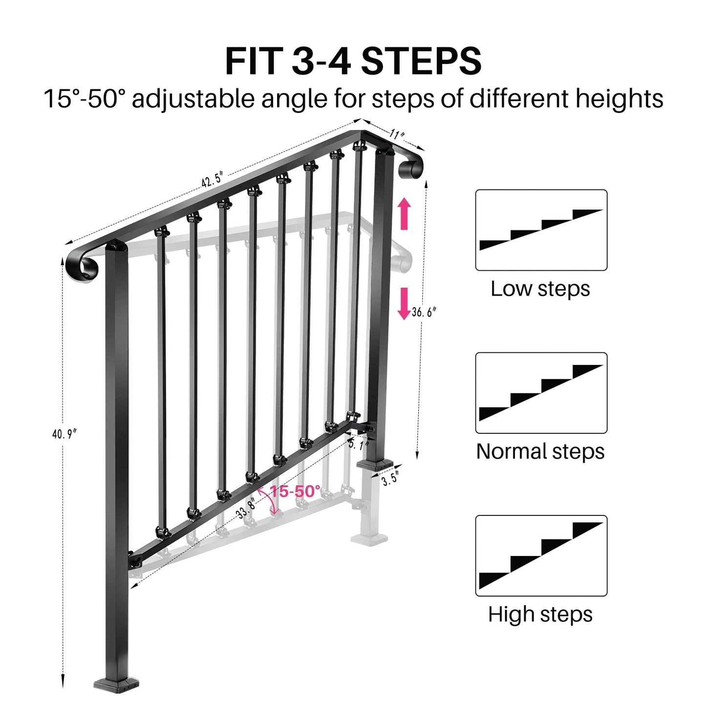 Redlife Handrails for Outdoor Steps Fit 2 to 4 Steps Wrought Iron Stair Railing for Concrete and Wooden Stairs