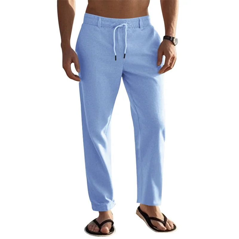 Men's Lightweight Drawstring Linen Pants with Pockets Comfortable Straight Leg Casual Trousers for Summer Beach Wear