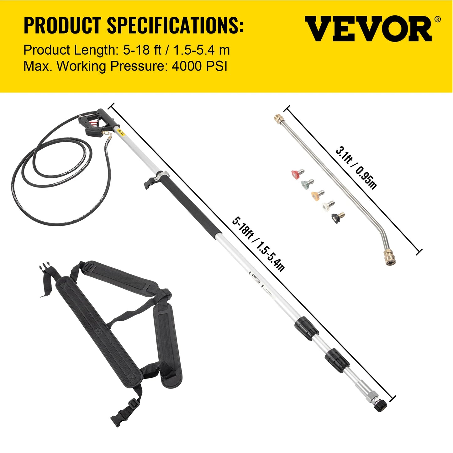 VEVOR 18 20ft Telescoping Pressure Washer Wand 4000psi with Strap Belt 3/8 Inch Quick Connector Extension Pole for Power Washer Spray