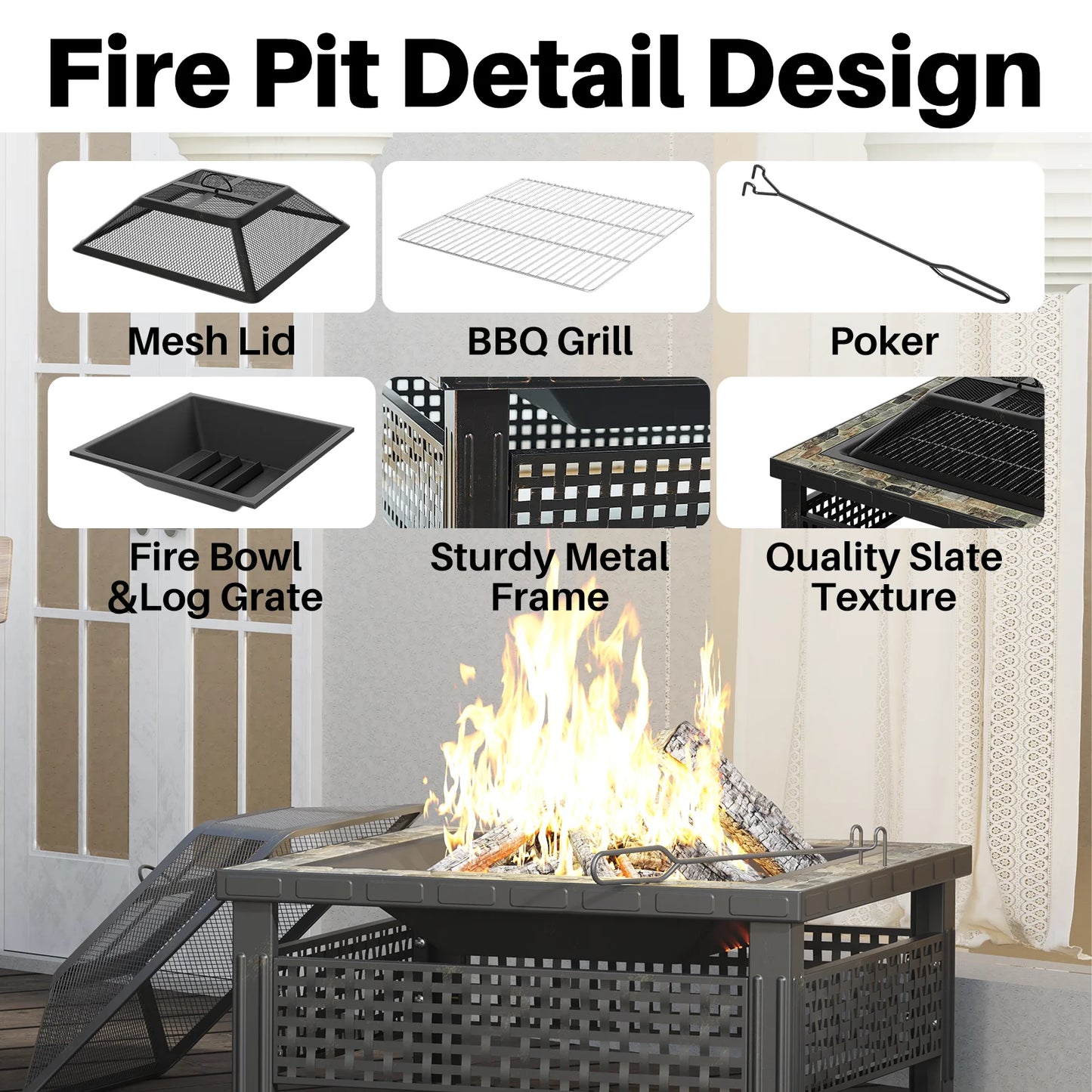 30 Inch Square Fire Pit Outdoor Fireplace Table with Mesh Lid and Fire Poker 3 in 1 Multipurpose Firepit for Yard Garden and Patio
