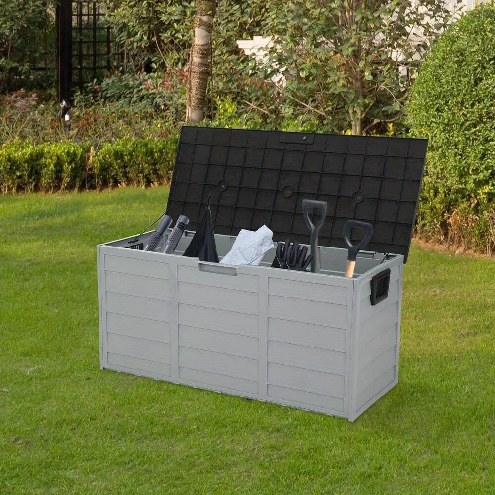 All Weather Deck Box Storage with Wheels UV Pool Shed Bin Backyard Porch 75 Gallons