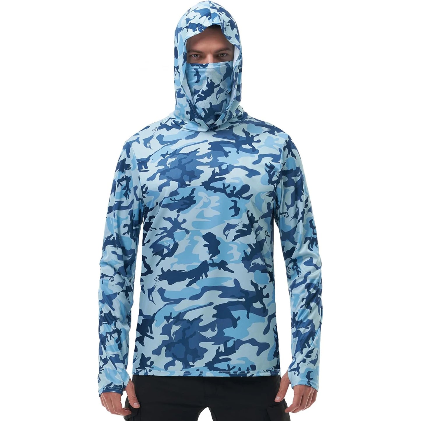 Men's Camo Print Fishing Hoodie with Built-in Face Mask for Sun Protection and Outdoor Activities