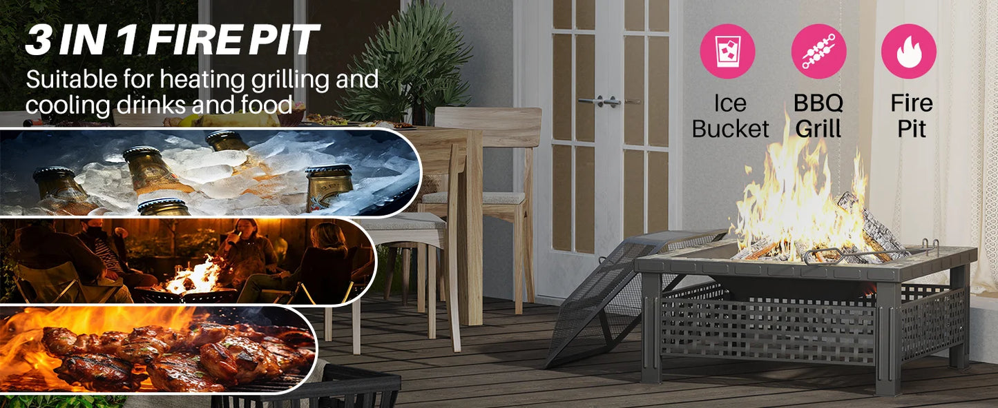 30 Inch Square Fire Pit Outdoor Fireplace Table with Mesh Lid and Fire Poker 3 in 1 Multipurpose Firepit for Yard Garden and Patio