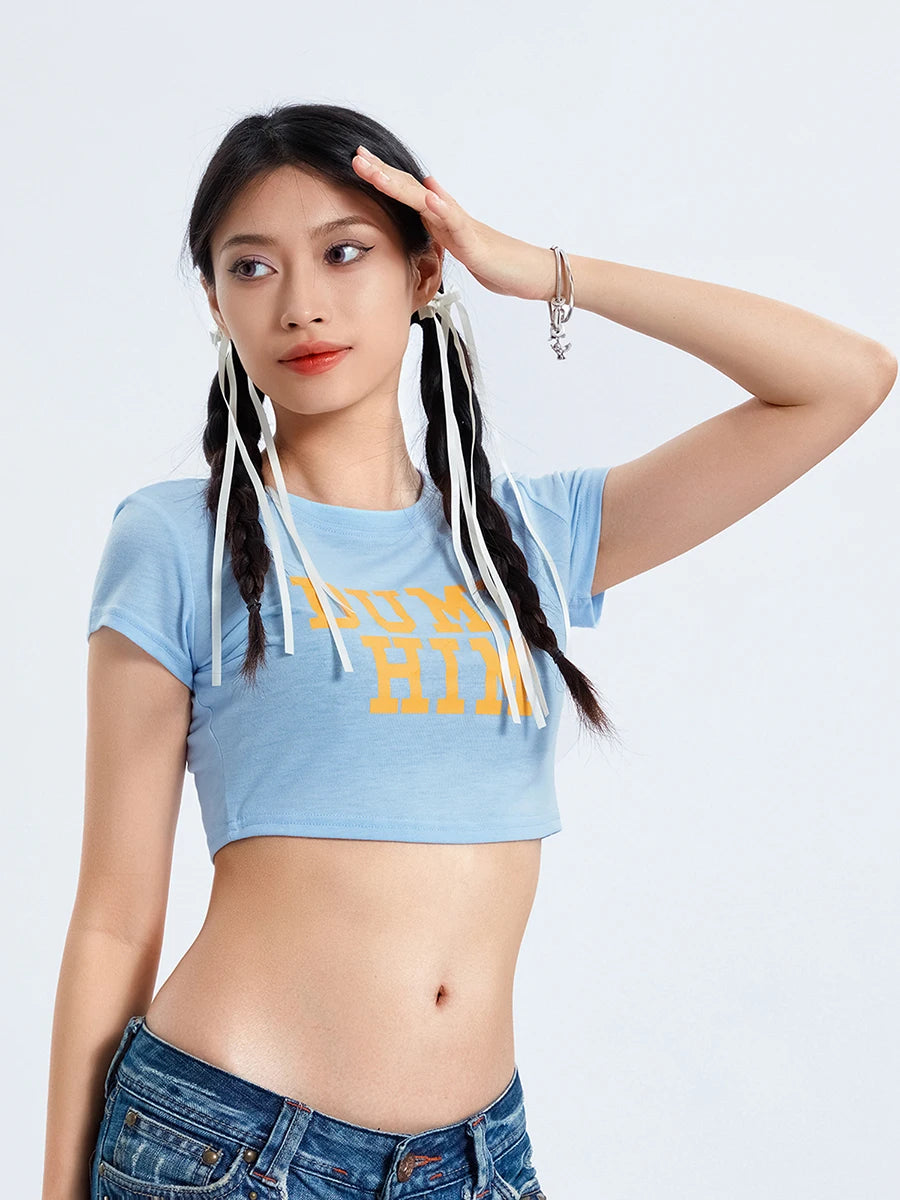Women Short Sleeve Crew Neck Letters Print Crop Top Summer Party Street Wear