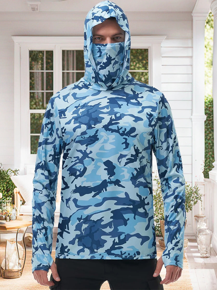Men's Camo Print Fishing Hoodie with Built-in Face Mask for Sun Protection and Outdoor Activities