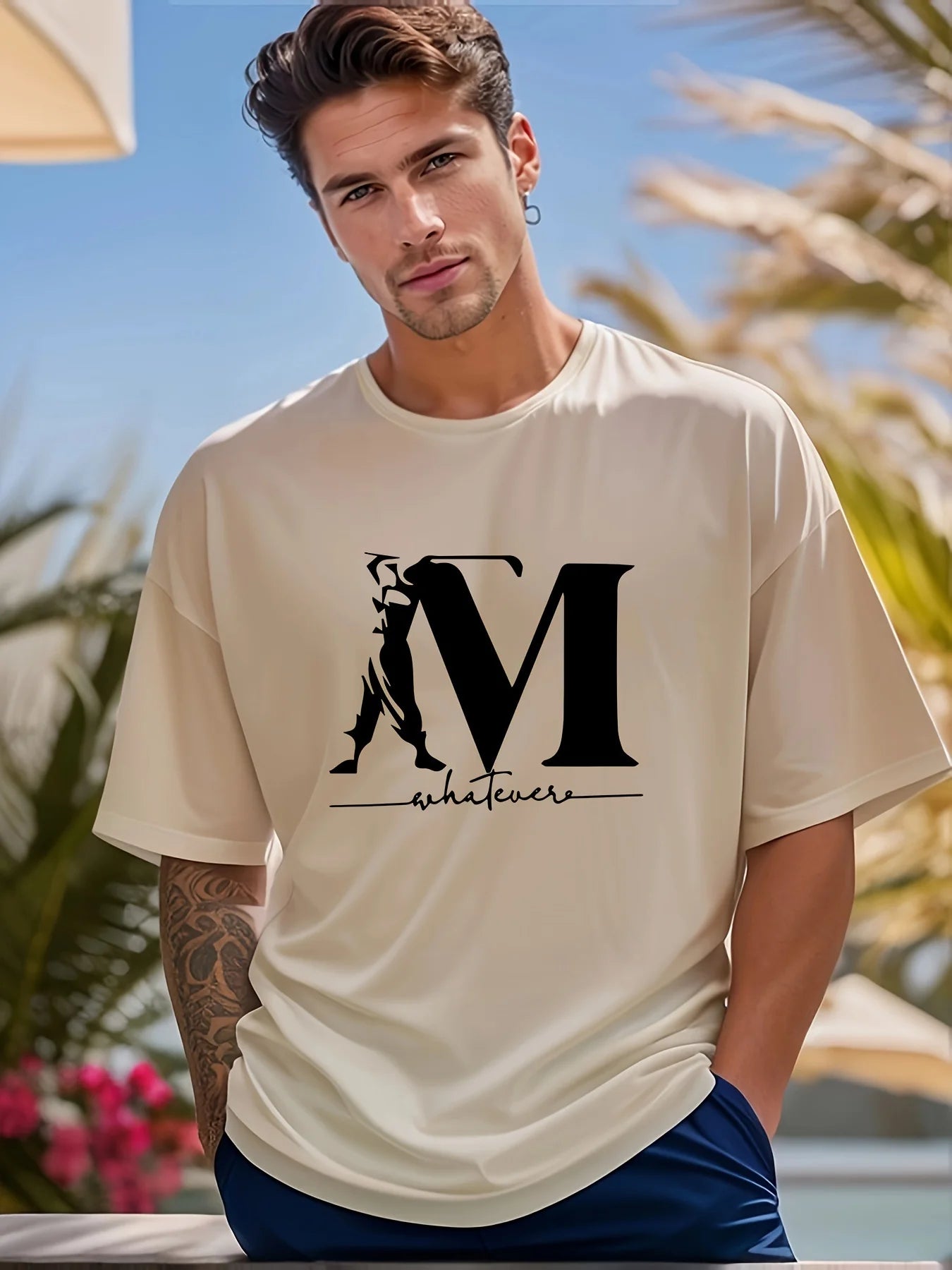 Letter Print Men's Creative Casual Short Sleeved Round Neck T Shirt Summer Outdoor Sports