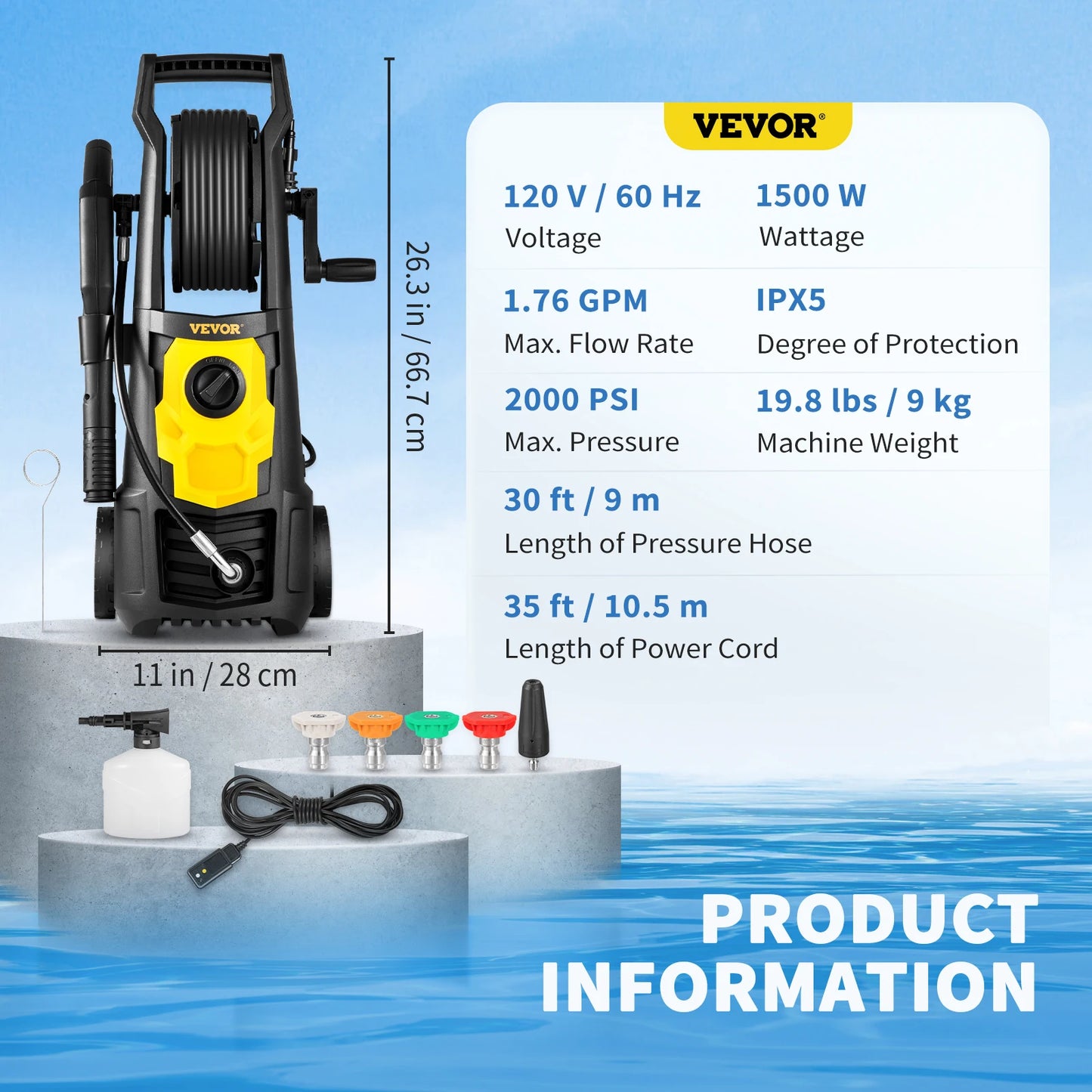 VEVOR Electric Pressure Washer Power Washer with Quick Connect Nozzles Foam Cannon and Retractable Handle for Portable Patio Cleaning
