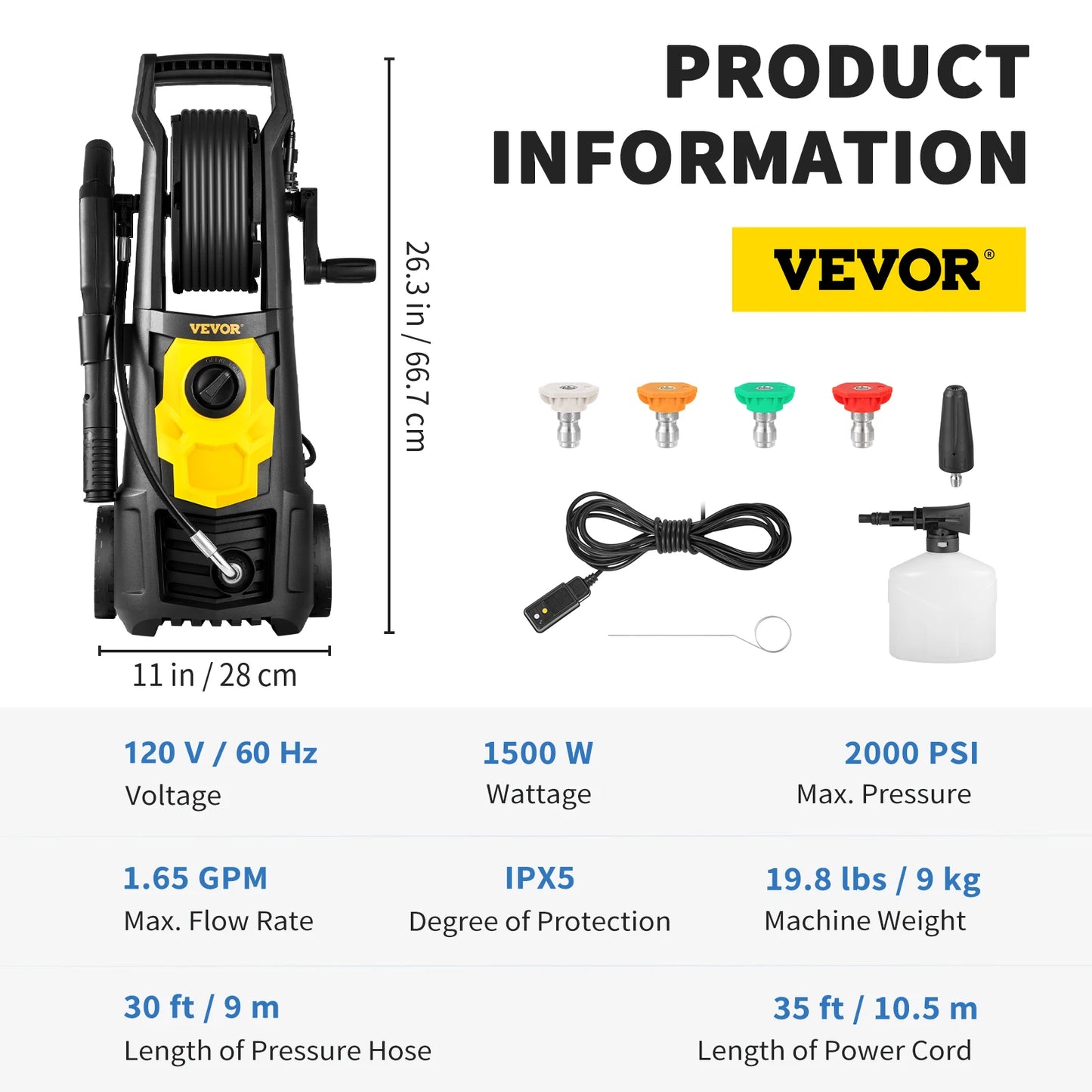 VEVOR Electric Pressure Washer Power Washer with Quick Connect Nozzles Foam Cannon and Retractable Handle for Portable Patio Cleaning
