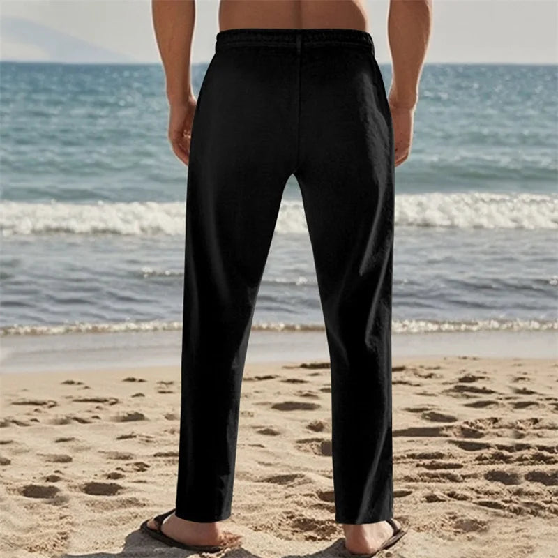 Men's Lightweight Drawstring Linen Pants with Pockets Comfortable Straight Leg Casual Trousers for Summer Beach Wear