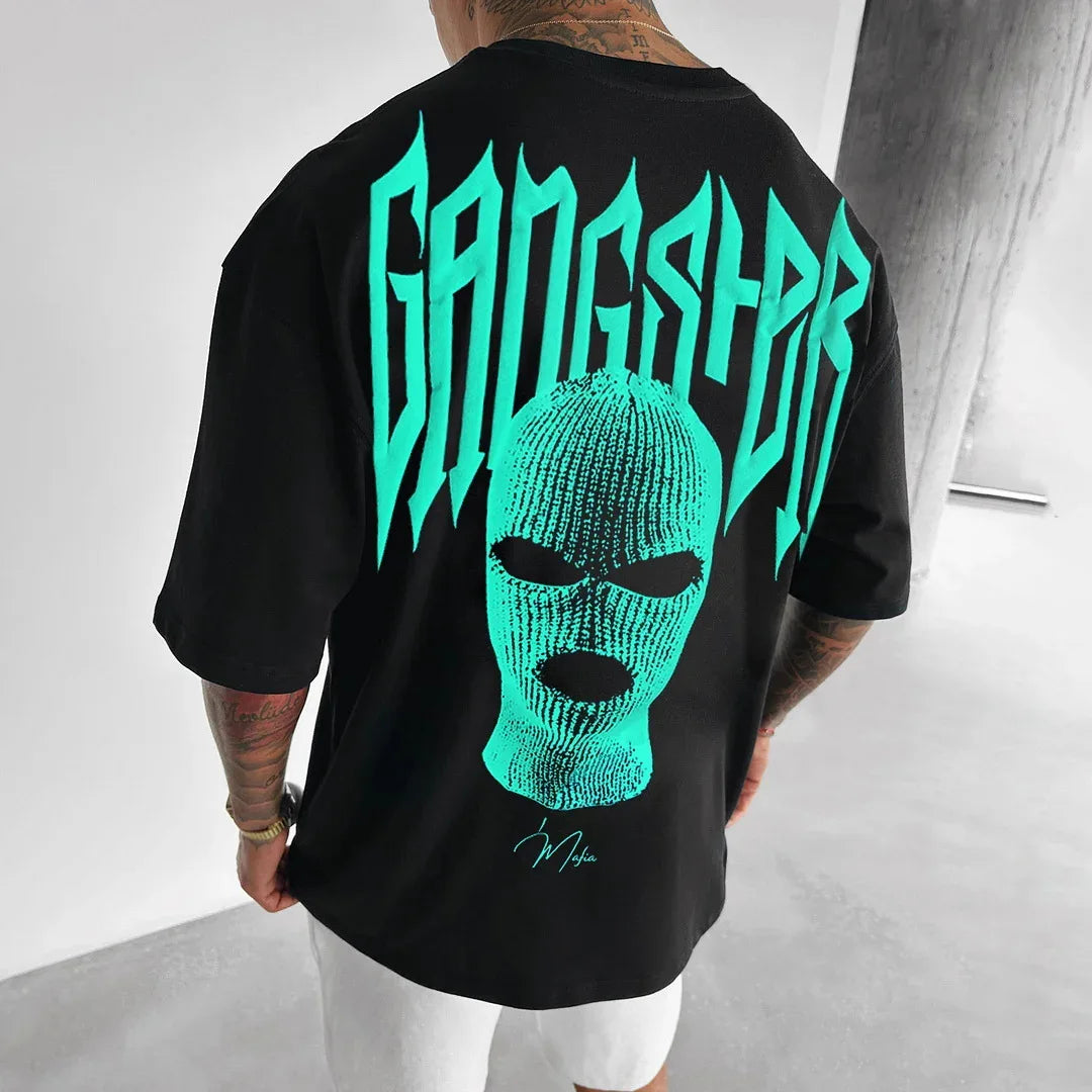 High Quality American High Street Masked Person Printed T-Shirt for Men Oversized Loose Harajuku Short Sleeve Tops