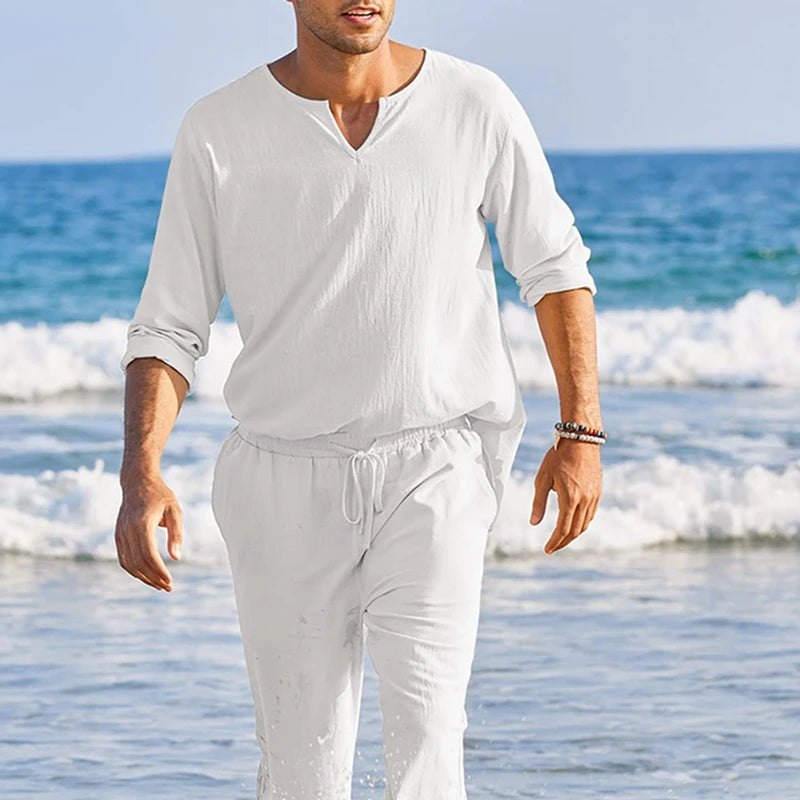 Men's Summer Cotton Linen Solid Color Long Sleeve Henley Shirt and Elastic Waist Drawstring Pants Two Piece Loungewear Set