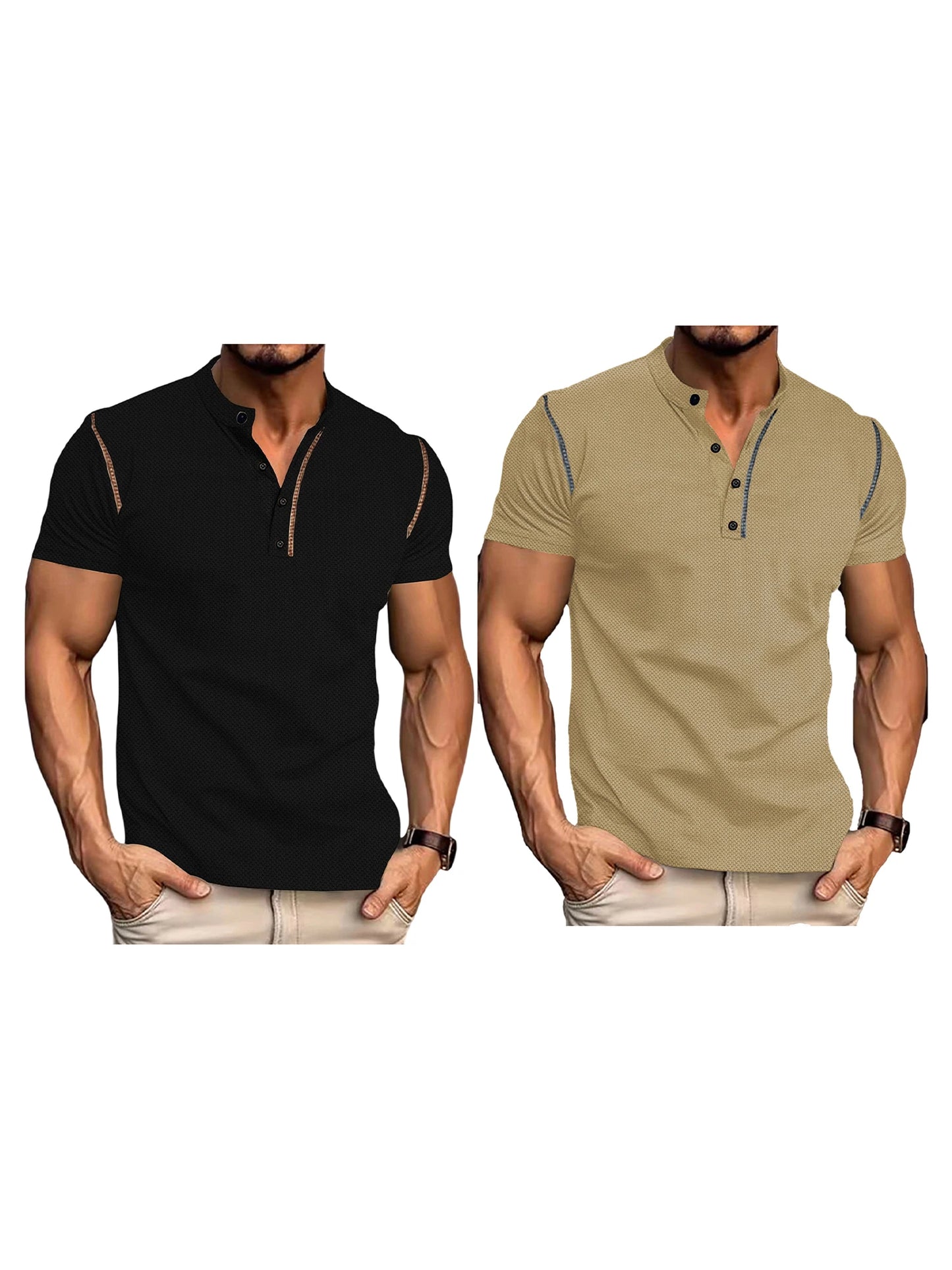Men's Fit Henley Short Sleeve T-Shirt with Contrast Stitching Casual Summer Top for Streetwear Style