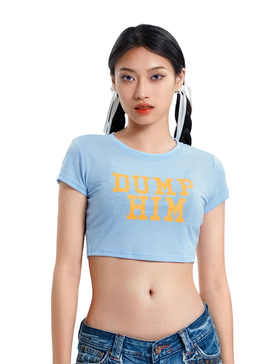 Women Short Sleeve Crew Neck Letters Print Crop Top Summer Party Street Wear