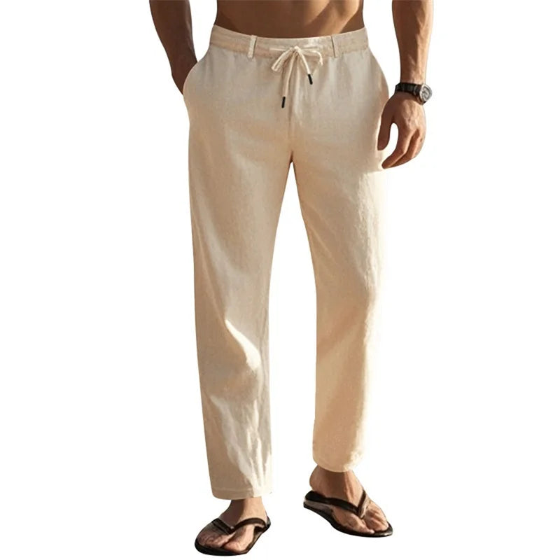 Men's Lightweight Drawstring Linen Pants with Pockets Comfortable Straight Leg Casual Trousers for Summer Beach Wear