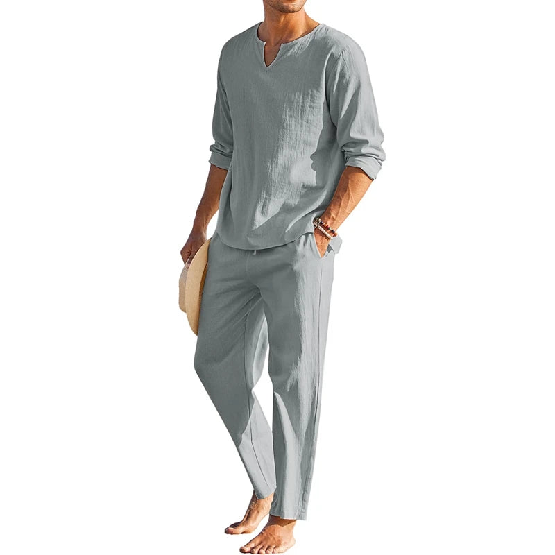 Men's Summer Cotton Linen Solid Color Long Sleeve Henley Shirt and Elastic Waist Drawstring Pants Two Piece Loungewear Set