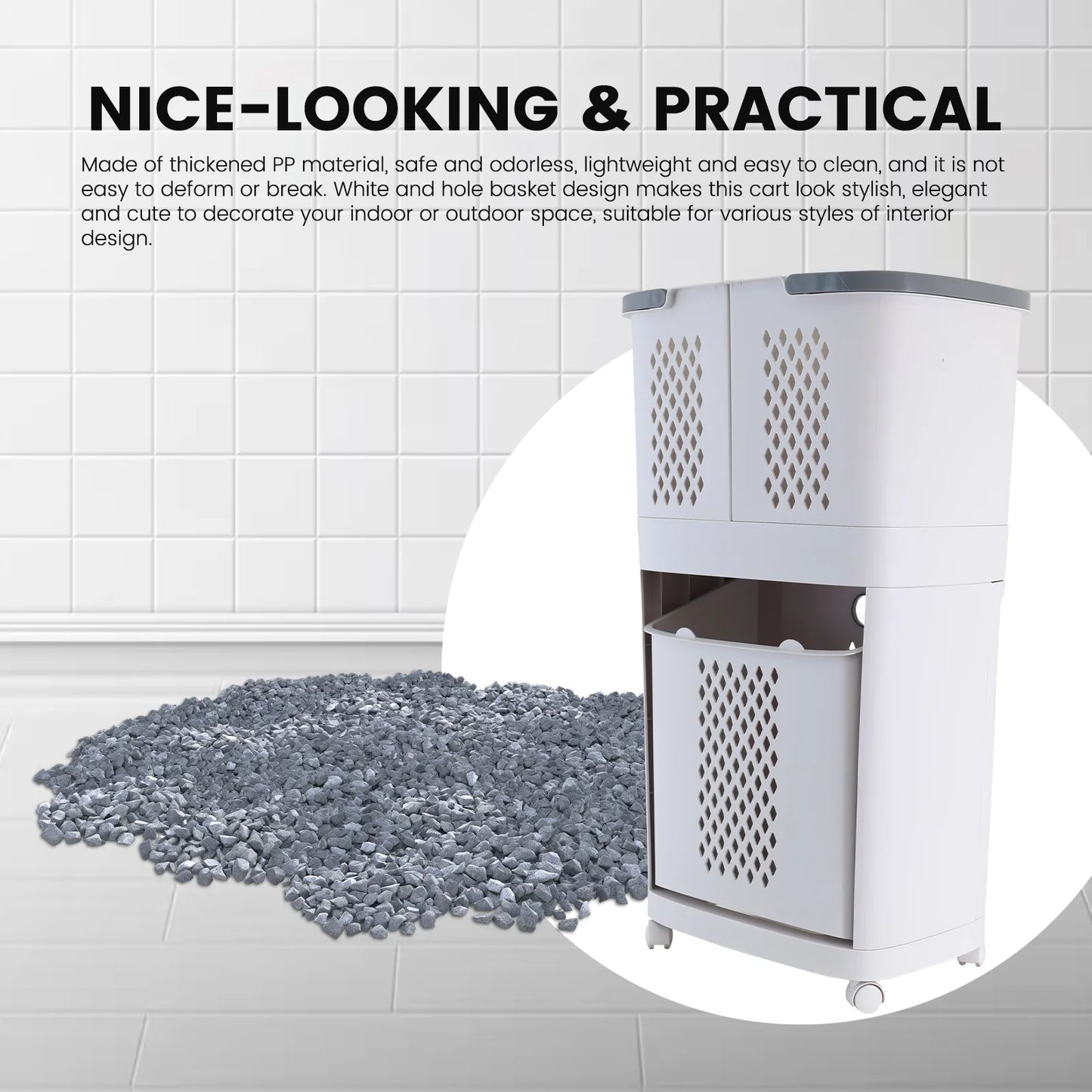 Removable Household Laundry Basket with Wheels 2 Tier Rolling Hamper Eco-Friendly Classic Style