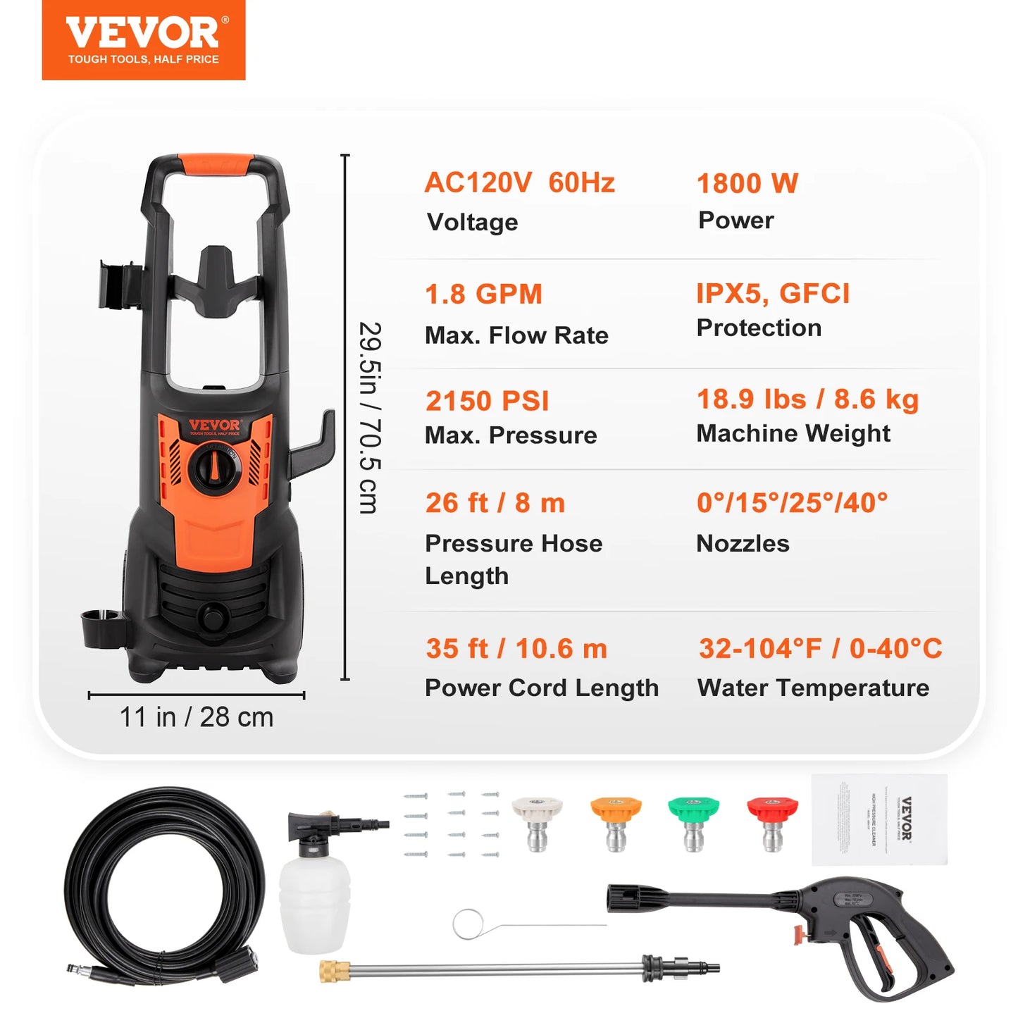 VEVOR Electric Pressure Washer Power Washer with Quick Connect Nozzles Foam Cannon and Retractable Handle for Portable Patio Cleaning