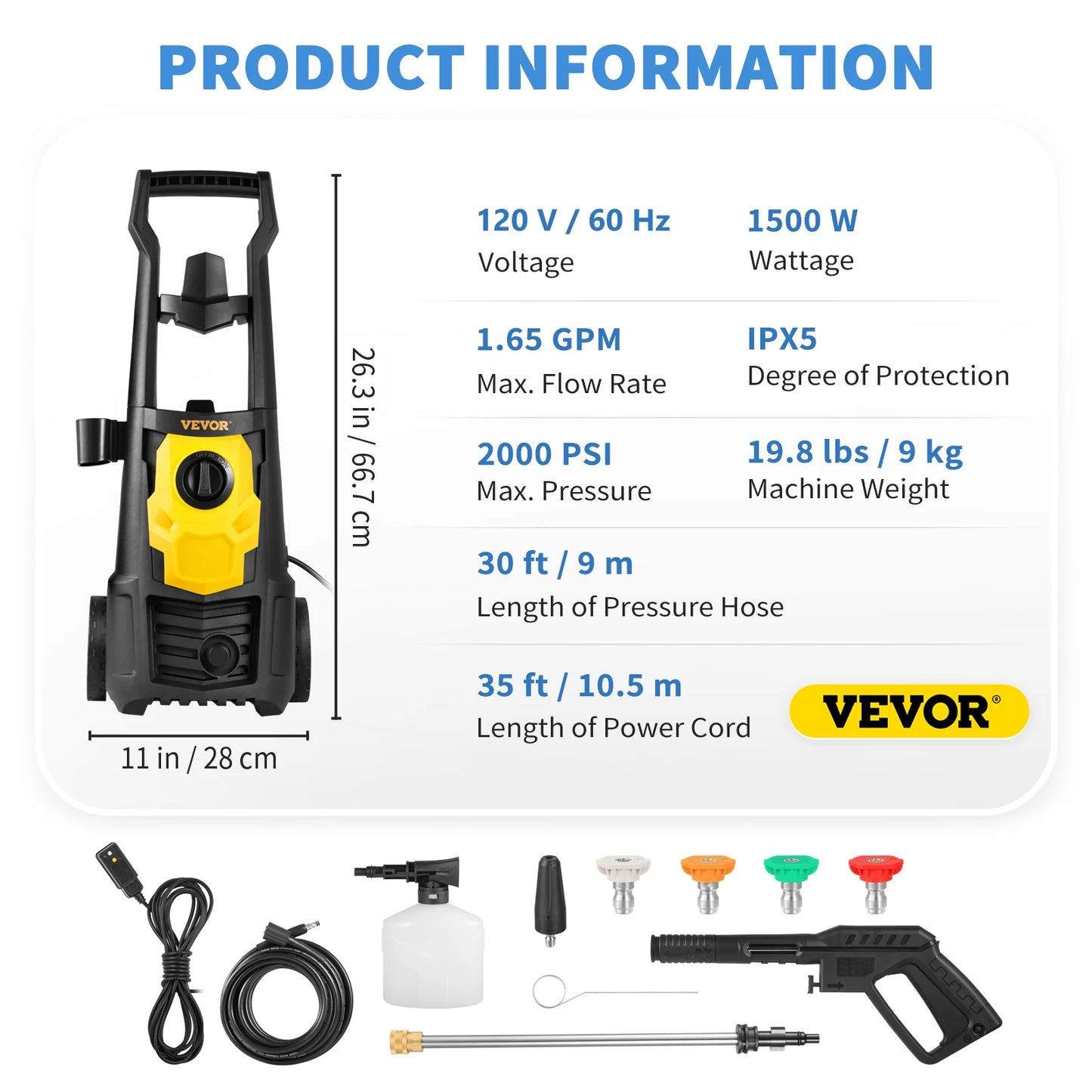 VEVOR Electric Pressure Washer Power Washer with Quick Connect Nozzles Foam Cannon and Retractable Handle for Portable Patio Cleaning