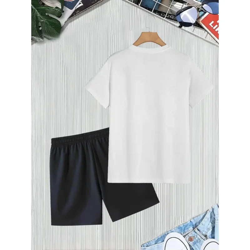 Milano Italy Letter Print Men's Two-Piece Set Casual Round Neck Short Sleeve T Shirt and Pocket Drawstring Shorts