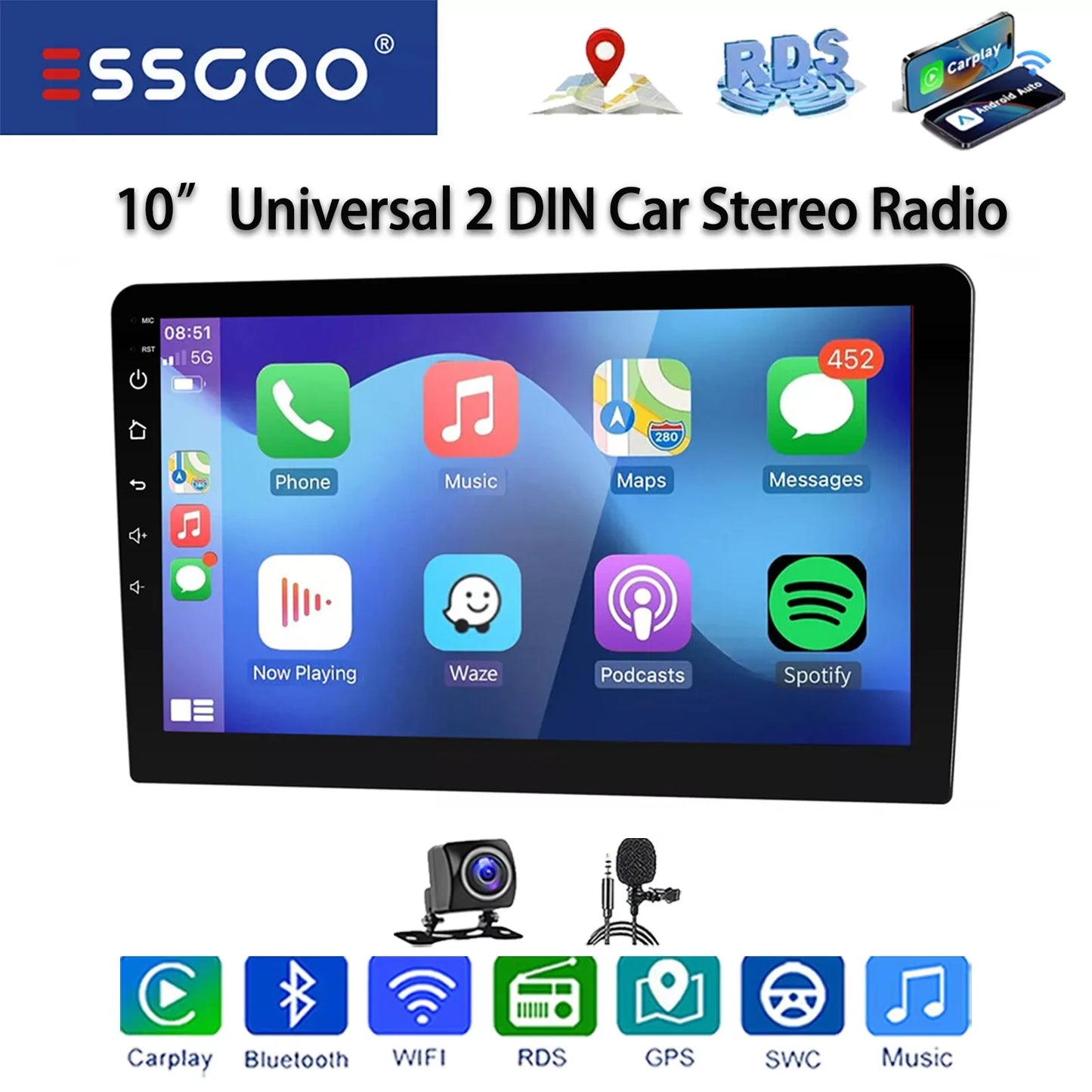 Essgoo 10 Inch Android 13 Wireless Carplay Car Stereo Multimedia Player 2 DIN GPS Navigation Bluetooth WiFi Universal For VW Nissan
